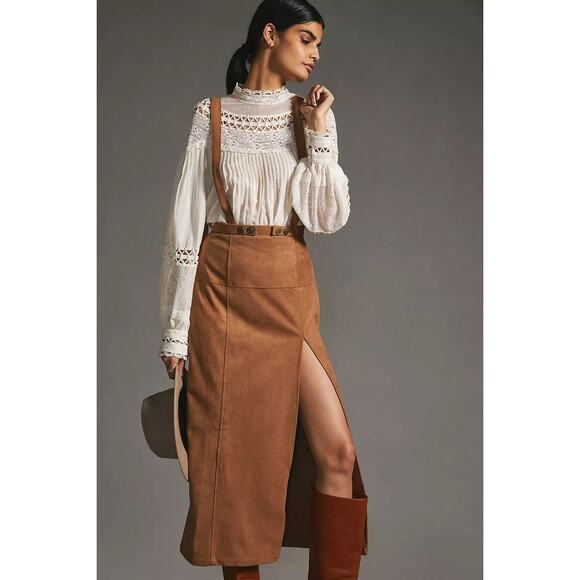 New By Anthropologie Faux Suede Pinafore Midi Skirt $148 SIZE 14 Brown Side Slit